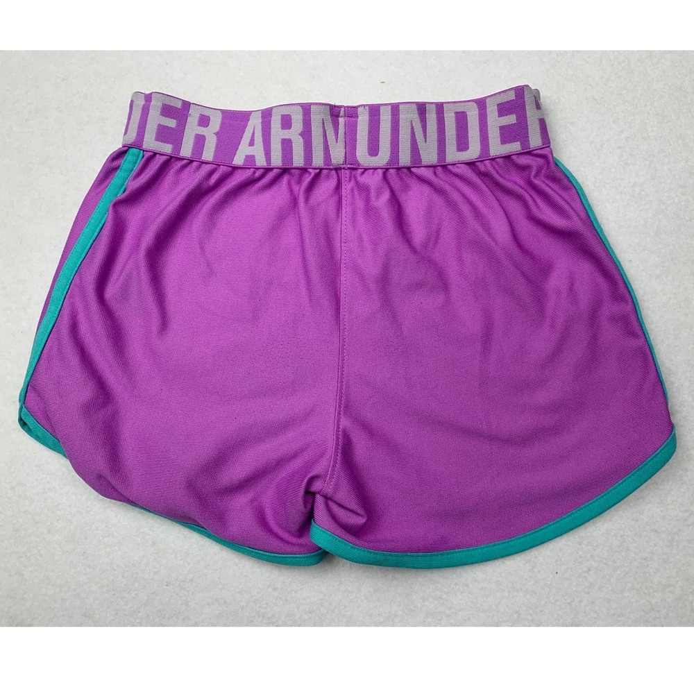 Under Armour Girls HeatGear Athletic Shorts Purple Teal YSM Loose Fit Drawstring - Picture 3 of 6